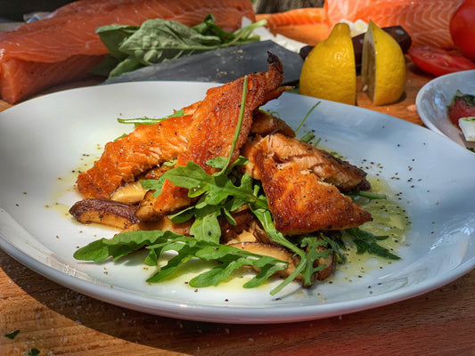Crispy Salmon Belly Salad with Honey Soy Glazed Shiitakes and Arugula