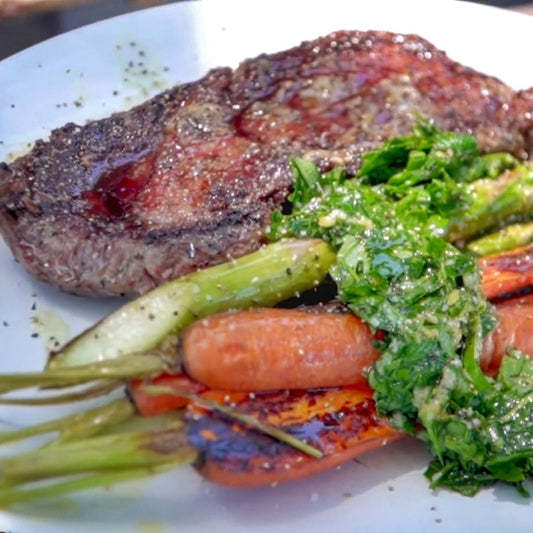 Seared Garlic Ribeye with Carrots, Asparagus, and Gremolata