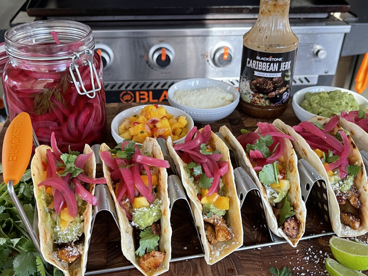 Pickled Purple Onions & Caribbean Jerk Tacos